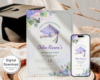 Purple Floral Graduation Invitation, Spring Flower Graduation Party Invite, Wildflower Graduation Announcement Card, Editable Canva Template