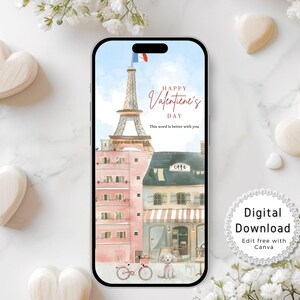 Tarjeta animada de San Valentín, tarjeta digital de San Valentín, video de tarjeta electrónica de San Valentín, tarjeta electrónica de San Valentín editable para dispositivos móviles, Torre Eiffel de París
