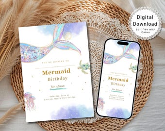 Mermaid Birthday Invitation Editable, Pastel Under the Sea Party Invite, Girl Ocan Party Invite, Printable Digital Download, Canva Template