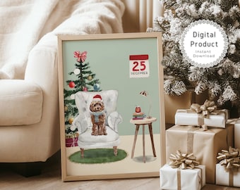 Świąteczna grafika ścienna z psem do druku, świąteczna dekoracja ścienna z psem, świąteczny prezent dla miłośnika psów, wydruk z psem Świętego Mikołaja, plakat świąteczny, prezent dla mamy psa na Boże Narodzenie