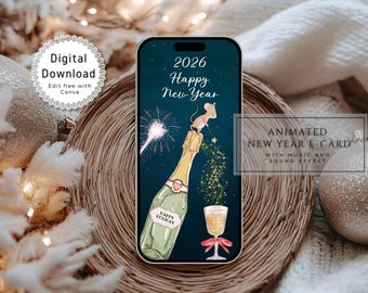 Animated Digital New Year Card, Editable Happy New Year Ecard, Electronic Video Card for Mobile Phone, Canva Template, Instant Download
