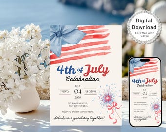 4 juli-uitnodigingssjabloon, afdrukbare Fourth of July-uitnodiging, bewerkbare Amerikaanse vlaguitnodiging, 4 juli-vieringaankondiging
