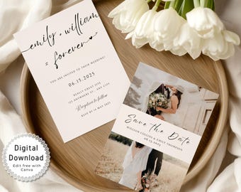 Minimalist Wedding Invitation Suite with Photo, Double-Sided Moedern Wedding Invitation Template, Elegant Wedding Invitation Set Editable