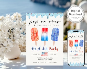 4th of July Party Invitation Template, Printable Fourth of July Popsicle Ice Cream Summer Party Invite, Electronic Independence Day Evite