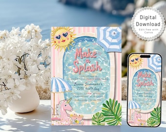 Pool Party Birthday Invitation, Pastel Summer Swim Party Invite digital, Pink Grils Pool Party Invite Printable, Editable Canva Template