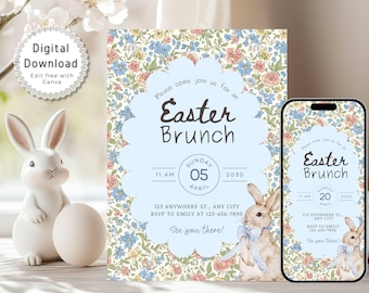 Floral Easter Brunch Invitation Printable, Easter Egg Hunt Invitation Digital, Easter Bunny Invitation Template, Spring Easetr Party Invite