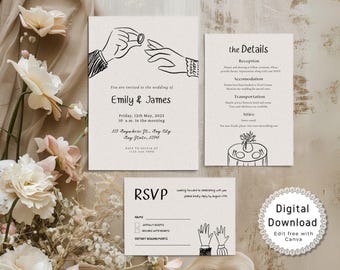 Editable Wedding Invitation Template Minimalist, Printable Modern Wedding Invite Suite, Elegant Wedding Invitation Set, Instant Download