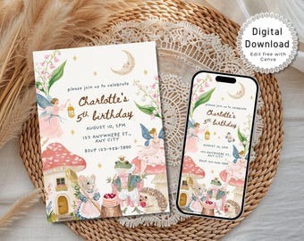 Fairy Birthday Invitation, Garden Fairy Party Invite, Woodland Fairy First Birthday Invitation, Enchanted Forest Theme, Canva Template