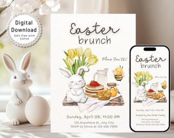 Easter Brunch Invitation Printable, Easter Egg Hunt Invitation Digital, Easter Party Invite, Spring Bunny Invitation, Editable in Canva