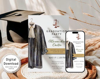 Law School Graduation Party Invitation Printable, Law School Grad Invite Digital, Editable Graduation Announcment Card, Canva Template