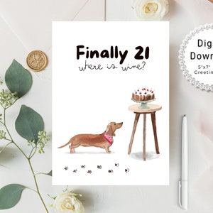 Druckbare Geburtstagskarte, 21. Geburtstagskarte mit süßem Hund, digitale Grußkarte, faltbare 5x7-Karte, sofortiger Download