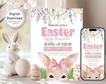 Easter Egg Hunt Invitation Printable, Easter Brunch Invitation Digital, Easter Party Invite Template, Spring Floral Easter Bunny Invitation