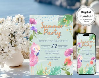 Invitación editable para fiesta de verano, invitación imprimible con flamencos de verano, invitación digital con flores tropicales, invitación para fiesta de cumpleaños en la piscina, Canva