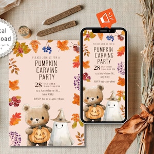 Pumpkin Carving Party Invitation Template, Editable Halloween Party Invite, Digital Fall Party Invite, Kids Halloween Party Evite