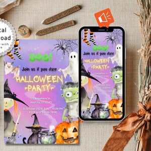 Puede incluir: Una invitación a una fiesta de Halloween morada y verde con una bruja, un fantasma, un monstruo, un gato negro, un caldero y una calabaza. El texto de la invitación dice "Boo! Únase a nosotros si se atreve HALLOWEEN PARTY 123 Anywhere St., Any City, ST 12345 31 de octubre de 2024, 8:00-10:00 PM RSVP al 123-456-7890"