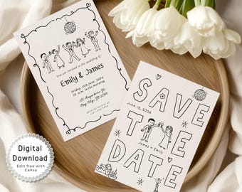Hand Drawn Wedding Invitation Template, Illustrated Wedding Invite Suite, Printable Modern Minimalist Wedding Invitation Set, Editable Canva