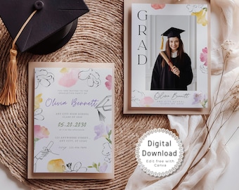 Floral Graduation Invitation Printable, Wildflower Graduation Invite Digital, Graduation Announcement Card, Editable Photo Graduation Card