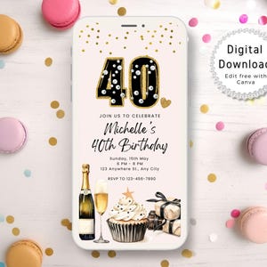 Digital 40th Birthday Invitation, 40 Party Invite, Birthday Party Evite, Black and White Glitter Mobile Invitation, Editable Template