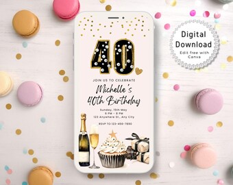 Invitación digital para 40 cumpleaños, invitación para fiesta de 40, invitación para fiesta de cumpleaños de Evite, invitación móvil con purpurina en blanco y negro, plantilla editable