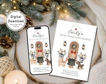 Christmas Baby Shower Invitation, Santa Baby Shower Invitation, Winter Baby Shower Invite, Merry Little Baby Shower Invite, Canva Template
