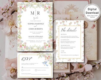 Wildflower Wedding Invitation Template, Printable Pastel Garden Flowers Wedding Invite Suite, Elegant Floral Wedding Set, Editable in Canva