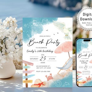 Bearbeitbare Strand-Geburtstagsfeier-Einladung, Strandparty einladen druckbar, Sommerparty-Einladung Digital, Strandjubiläum einladen, Canva