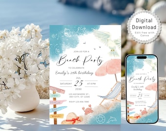 Invitación editable para fiesta de cumpleaños en la playa, invitación imprimible para fiesta en la playa, invitación digital para fiesta de verano, invitación de aniversario en la playa, Canva