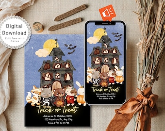 Animated Trick or Treat Invitation with Sound Effect, Printable Halloween Party Invite, Costume Party Evite, Editable Canva Template