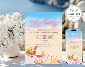 Summer Beach Party Invitation Editable Template, Beach Birthday Party Digital & Printable Canva Invite, Ocean-Themed Summer Party Invite