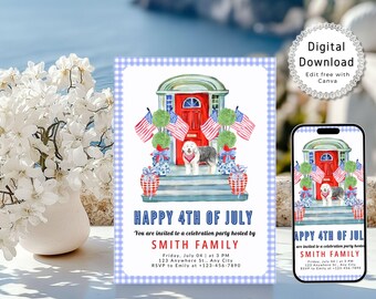Plantilla de invitación del 4 de julio, invitación imprimible del 4 de julio, invitación digital del Día de la Independencia, anuncio de celebración del 4 de julio
