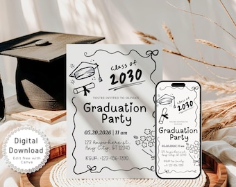 Editable Minimalist Graduation Party Invitation, Doodle Style Graduation Announcement Template, Hand Drawn Grad Party Invite Digital, Canva