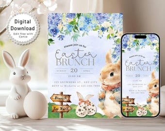 Invitación imprimible a la búsqueda de huevos de Pascua, video de invitación al brunch de Pascua, plantilla de invitación a la fiesta de Pascua, invitación floral digital con conejito de Pascua