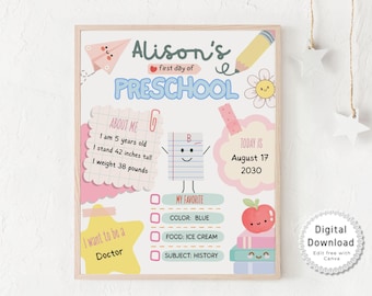Editable First Day of School Sign Template, Printable Canva Back to School Photo Prop, Preschool Kindergarten 1st Day Sign Instant Download