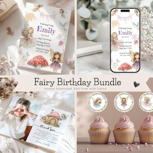 Pacote de Aniversário de Fada do Jardim – Convite para Imprimir, Convite para Celular, Cartão de Agradecimento com Foto, Topos de Cupcake – Modelo Canva, Download Instantâneo