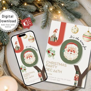 May include: A Christmas party invitation and a phone screen displaying the same design. The design features Santa Claus, an elf, and the text "It's the time for" and "Christmas Party Dec 24th". The background includes festive decorations.