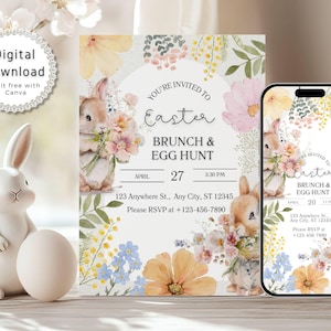 May include: A printable invitation for an Easter brunch and egg hunt. The invitation features a watercolor illustration of a bunny holding a bouquet of flowers. The text on the invitation reads "You're invited to Easter Brunch & Egg Hunt April 27 3:30 PM 123 Anywhere St., Any City, ST 12345 Please RSVP at +123-456-7890".