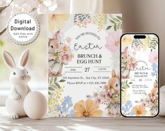 Invitación imprimible para la búsqueda de huevos de Pascua, video de invitación para el brunch de Pascua, plantilla de invitación para la fiesta de Pascua, invitación floral digital con conejito de Pascua