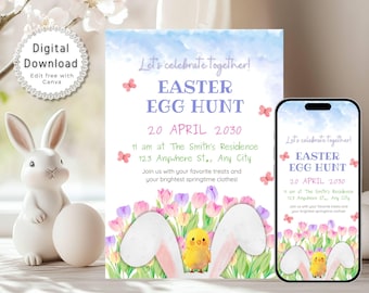 Easter Egg Hunt Invitation Printable, Easter Brunch Invitation Digital, Bunny Chick Spring Party Invite, Editable in Canva Template