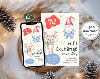 May include: A digital invitation for a Christmas gift exchange party. The invitation features a red-nosed reindeer and a gnome holding a gift box. The text on the invitation reads "Gift Exchange Xmas Party" and includes the date, time, and location of the event. The invitation also states that guests should bring a gift under £20.