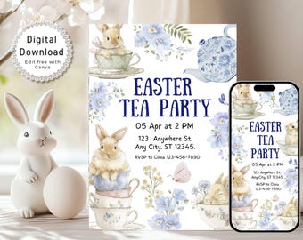 Invitación imprimible para fiesta de té de Pascua con flores, invitación digital de conejito de Pascua, invitación para brunch de Pascua y búsqueda de huevos, plantilla editable en Canva.