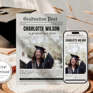 Editable Newspaper Graduation Announcement, Graduation Newspaper Template Canva, Graduation Party Photo Invite, Photo Graduation Invitation