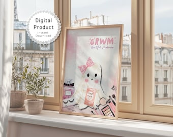 Pink Bow Ghost Wall Art Printable, Cute Ghost Halloween Décor, Get Ready With Me Bathroom Art, Ghost Painting Girly Print, Pink Ghost Poster