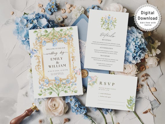 Golden Blue Floral Wedding Invitation Template, Printable Garden Flowers Wedding Invite Suite, Elegant Wedding Set, Editable in Canva