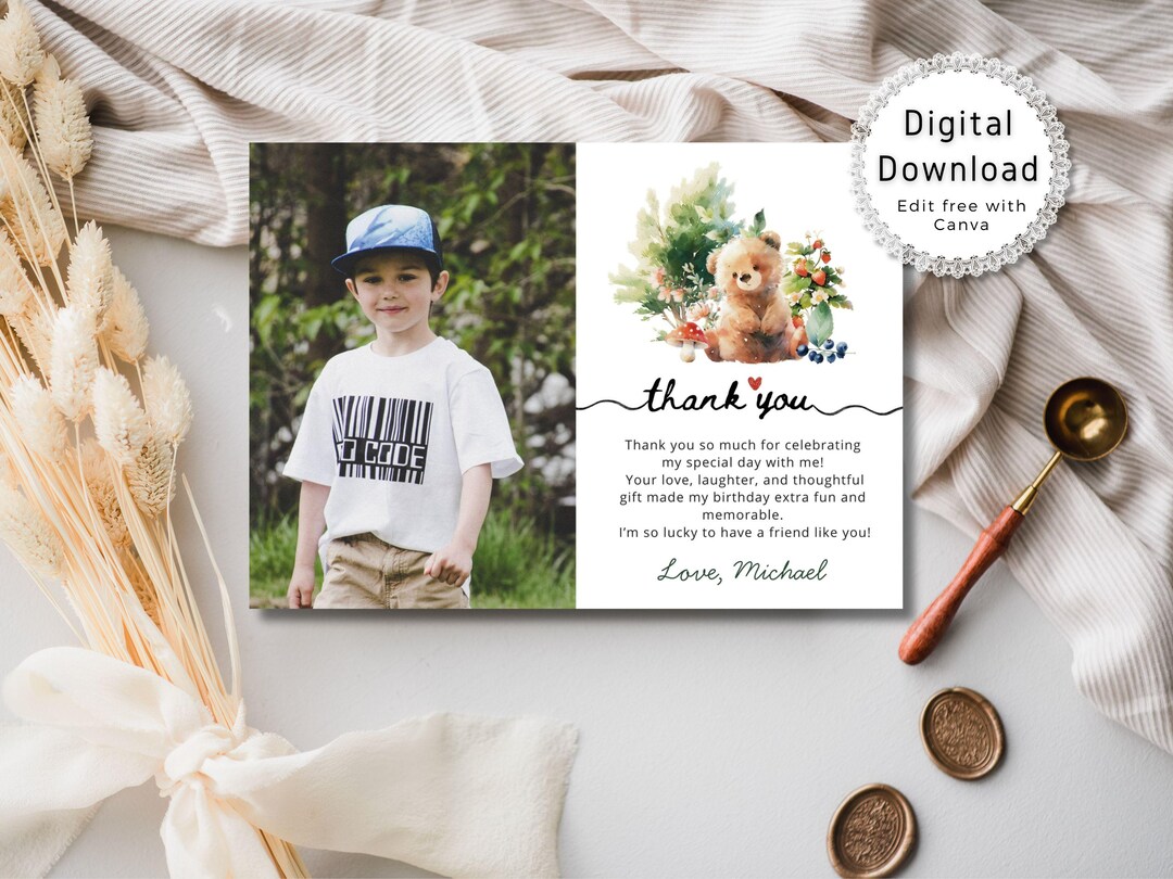 Woodland Birthday Thank You Photo Card, Editable Photo Thank You Card ...