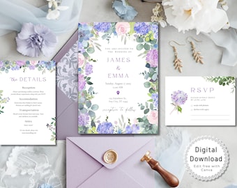Printable Flower Wedding Invitation Template, Editable Floral Wedding Invite Suite, Elegant Hydrangea Wedding Set Template, Instant Download
