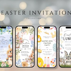 Puede incluir: Cuatro tarjetas de invitaci&oacute;n de Pascua imprimibles con ilustraciones de conejos y dise&ntilde;os florales. Las tarjetas son para un brunch de Pascua, un brunch de Pascua y una b&uacute;squeda de huevos, una fiesta de pintura de huevos de Pascua y un almuerzo de Pascua.