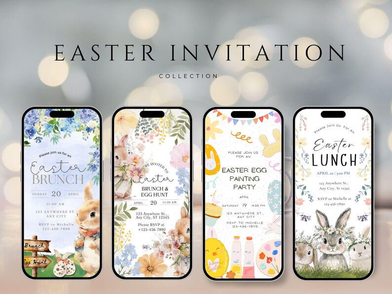 Puede incluir: Cuatro tarjetas de invitaci&oacute;n de Pascua imprimibles con ilustraciones de conejos y dise&ntilde;os florales. Las tarjetas son para un brunch de Pascua, un brunch de Pascua y una b&uacute;squeda de huevos, una fiesta de pintura de huevos de Pascua y un almuerzo de Pascua.