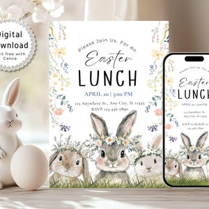Invitación imprimible a la búsqueda de huevos de Pascua, video de invitación al brunch de Pascua, plantilla de invitación a la fiesta de Pascua, invitación floral digital con conejito de Pascua