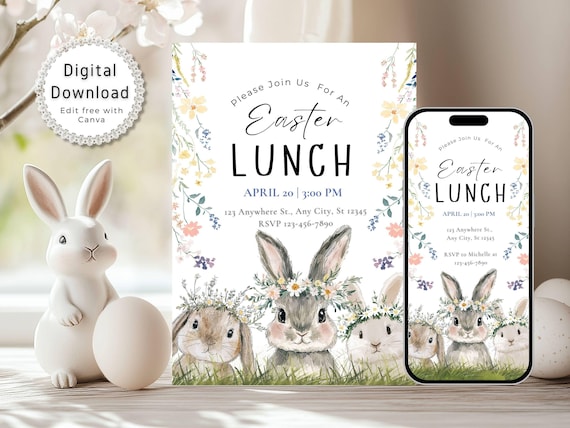 Easter Egg Hunt Invitation Printable, Easter Brunch Invitation Video, Easter Party Invite Template, Digital Easter Bunny Floral Invitation