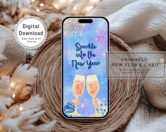 Animated Digital New Year Card, Editable Happy New Year Ecard, Electronic Video Card for Mobile Phone, Canva Template, Instant Download